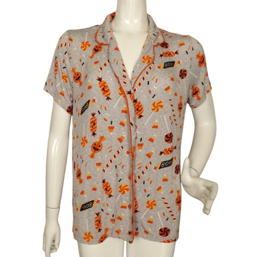 MUNKI MUNKI Pajama Top, L, Halloween, Short sleeves, button front, Jersey, Gray